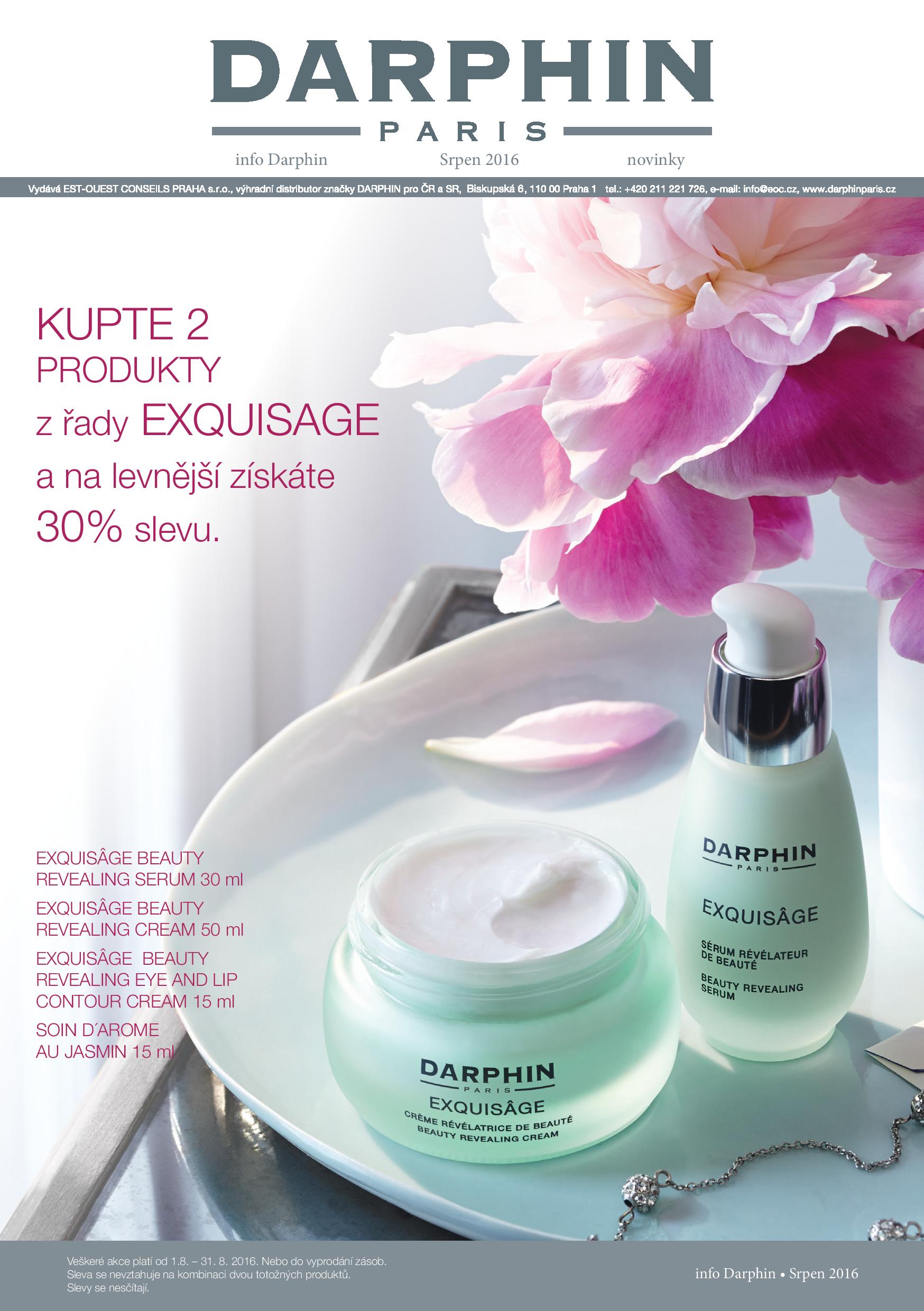 Novinka kosmetiky Darphin, řada EXQUISAGE - pleť rozzáří, zbaví známek únavy. Díky komplexu AKCE kupte dva produkty z řady EXQUISAGE a na levnější získáte 30 % slevu.